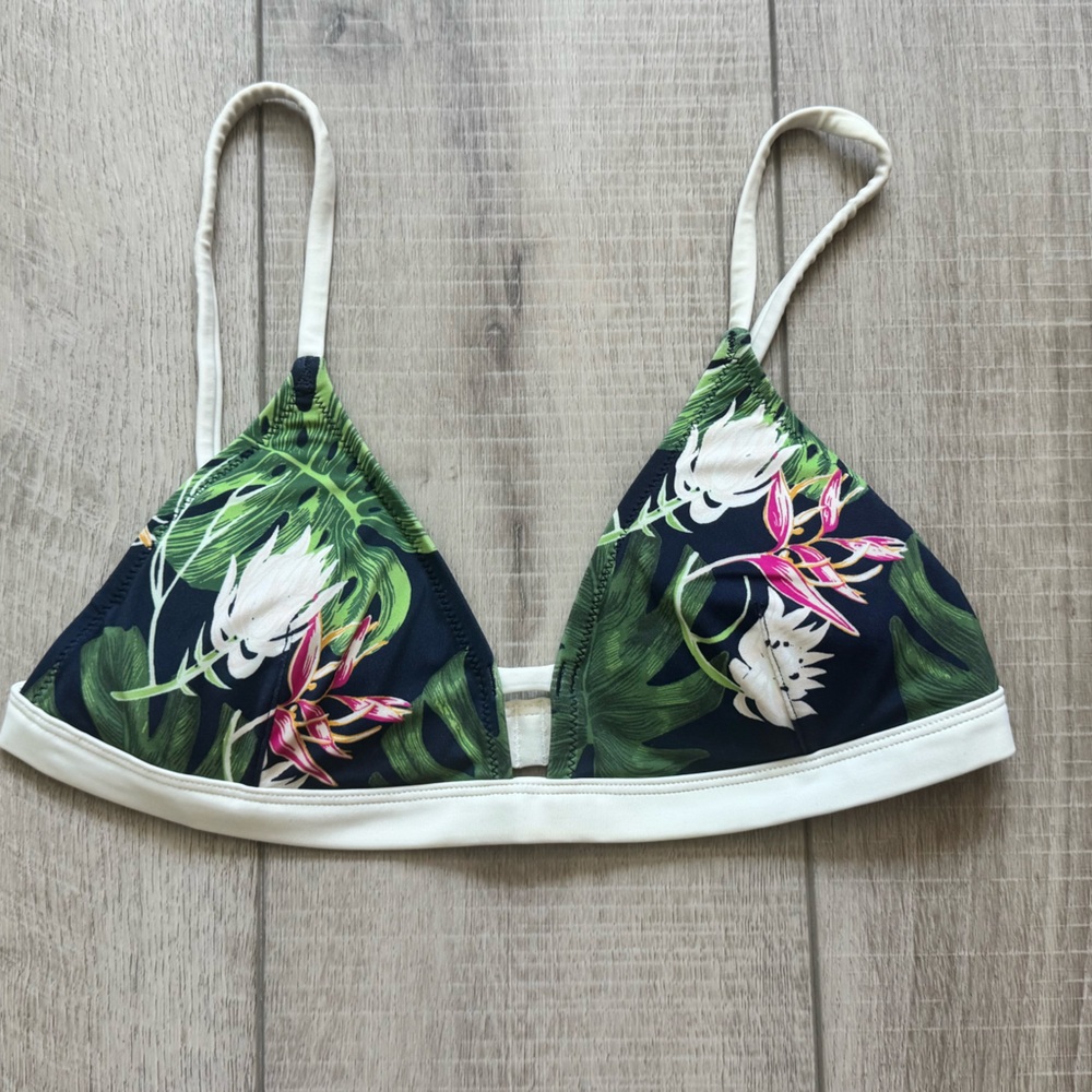 Lively Navy Triangle Bikini Top with Green and Pink Floral Print Sz Small